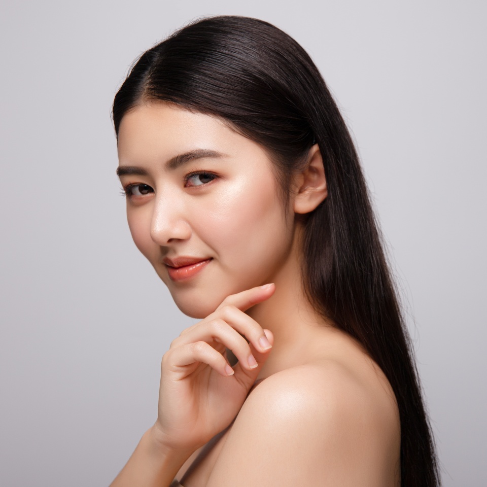 Portrait of beautiful young asian woman clean fresh bare skin concept. Asian girl beauty face skincare and health wellness, Facial treatment, Perfect skin, Natural make up. Isolated on gray background
