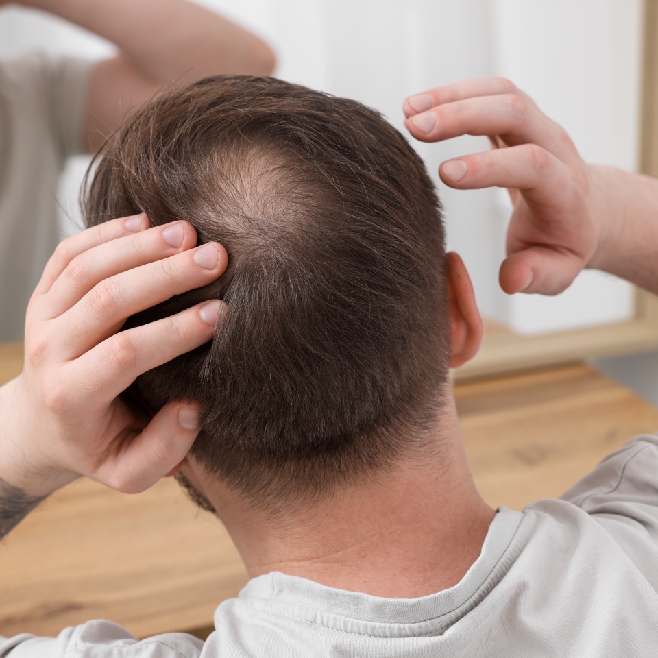 Baldness concept. Man with bald spot looking at mirror indoors, back view