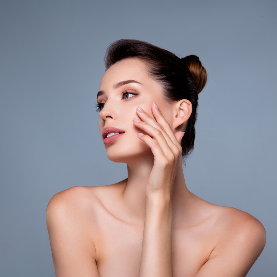 Photo of tender charming lady naked shoulders lifting effect therapy isolated on grey color background