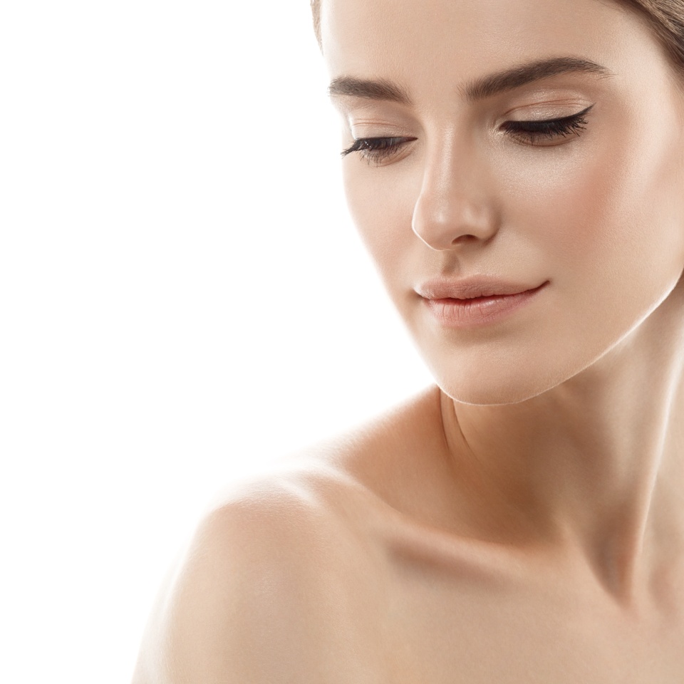 Beauty Woman face Portrait. Beautiful model Girl with Perfect Fresh Clean Skin color lips purple red. Blonde brunette short hair Youth and Skin Care Concept. Isolated on a white background