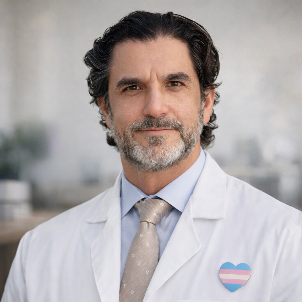 A middle-aged man in a white lab coat with a heart-shaped transgender pride pin stands indoors, looking at the camera with a neutral expression.
