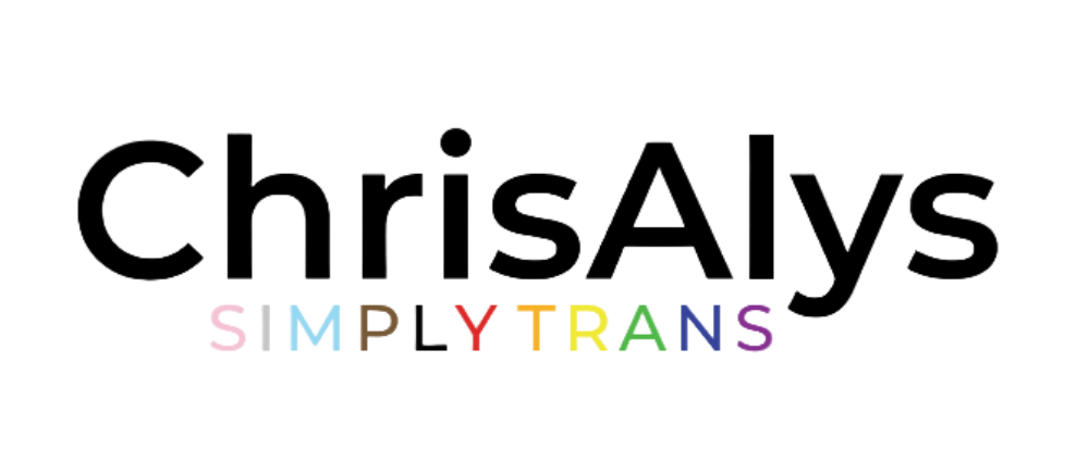 The image shows the text "ChrisAlys" in black, with "SIMPLY TRANS" below in pastel colors, each letter a different color on a white background.